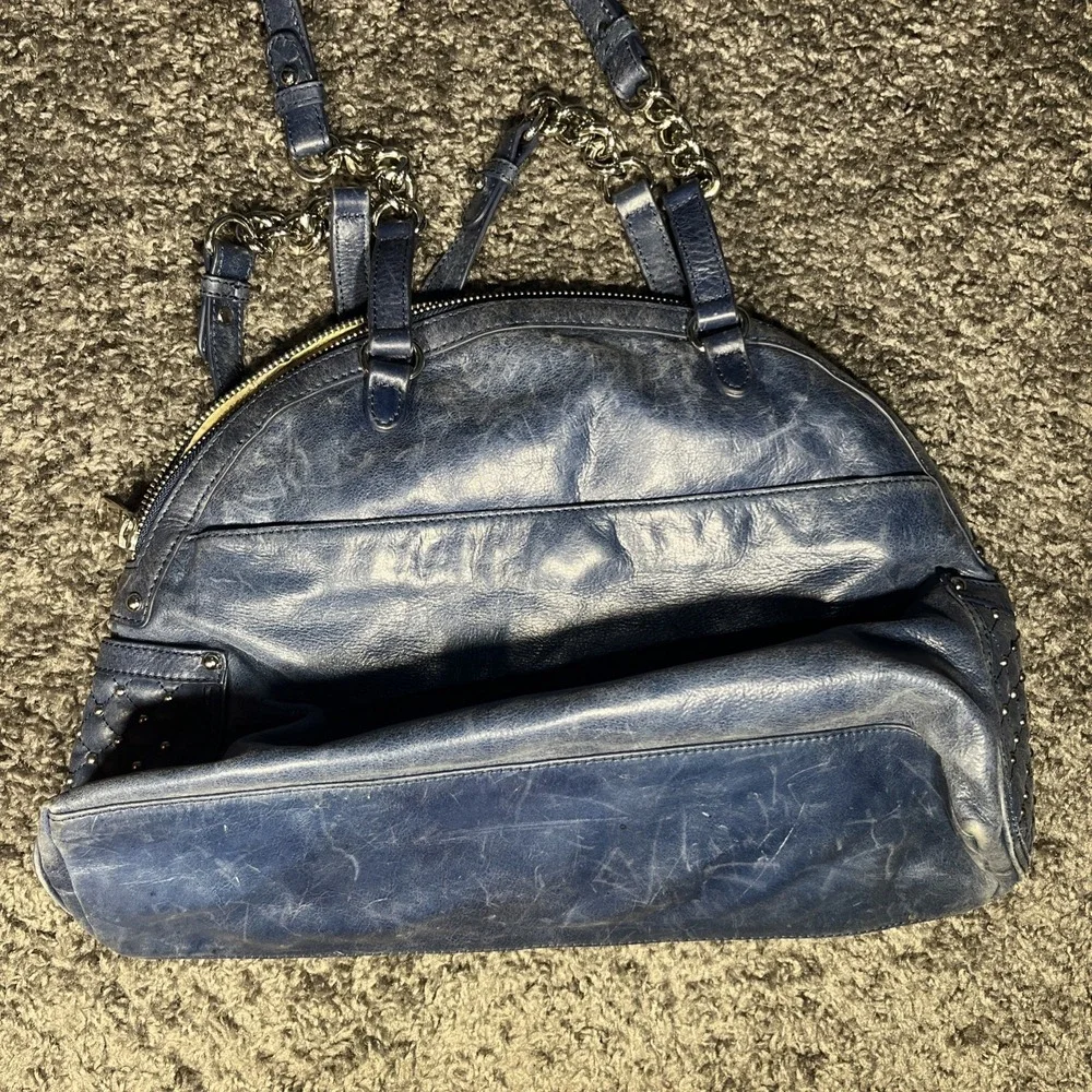 Dark Blue leather studded silver  BADGLEY MISCHKA American Glamour  shoulder bag